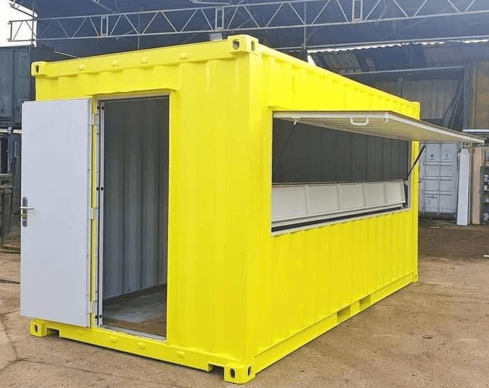 Converted container with a side opening and finished interior lining