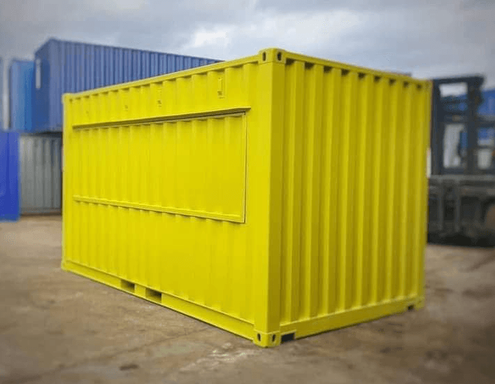 A 20ft double door storage container with both door leaves closed and locked