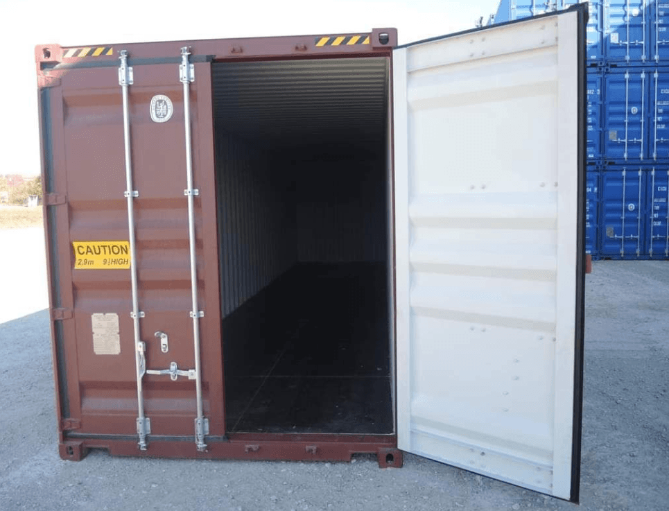 Shipping container with doors open at both ends allowing air to flow straight through