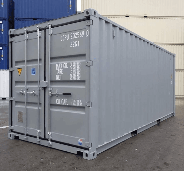 Door end of a shipping container showing identification markings and data plates