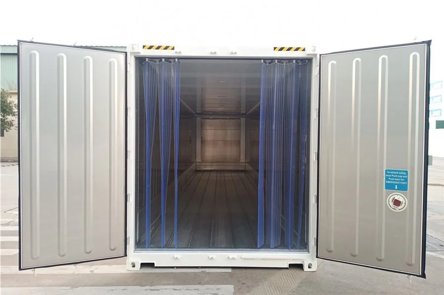 Refrigerated container with its doors open showing the insulated interior