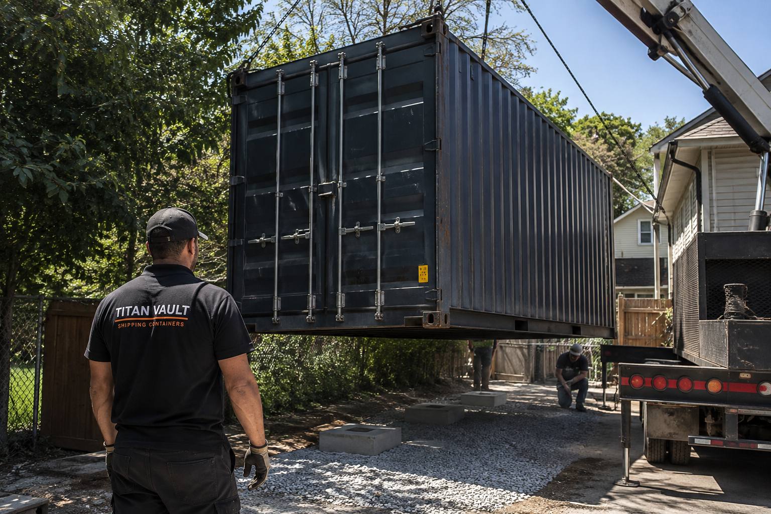 Titan Vault crew craning a 20ft container over a fence and lowering it onto concrete blocks in a back garden