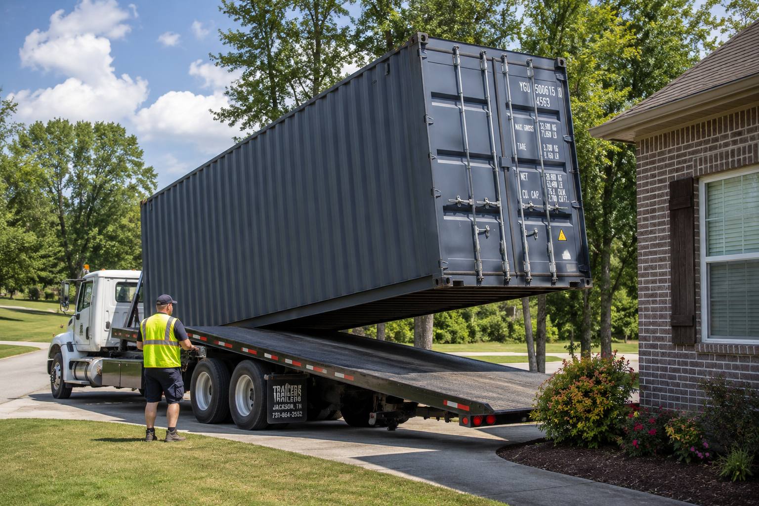Tilt-bed lorry sliding a 40ft container off the trailer onto a residential driveway while the driver watches