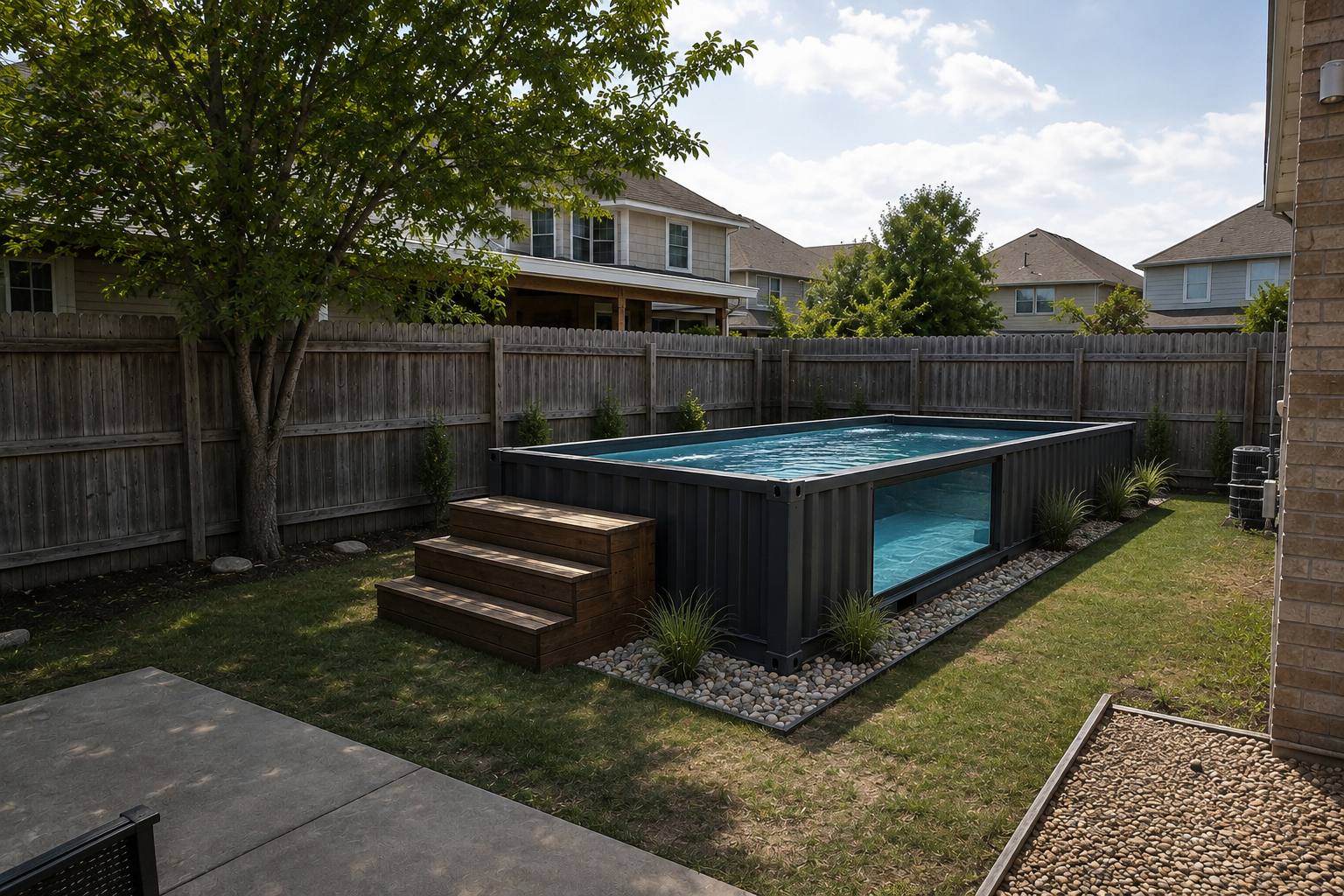 Finished 20ft shipping container pool with timber steps and gravel border in an Austin backyard
