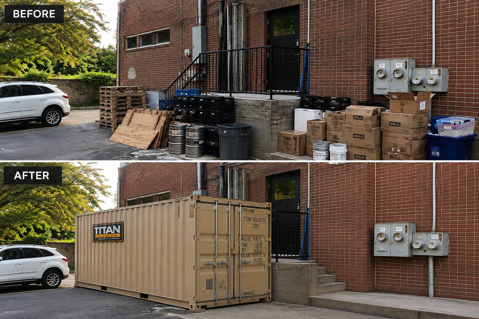 Before and after behind a Charlotte, North Carolina coffee shop: pallets, kegs and stacked boxes replaced by a 20ft one-trip storage container