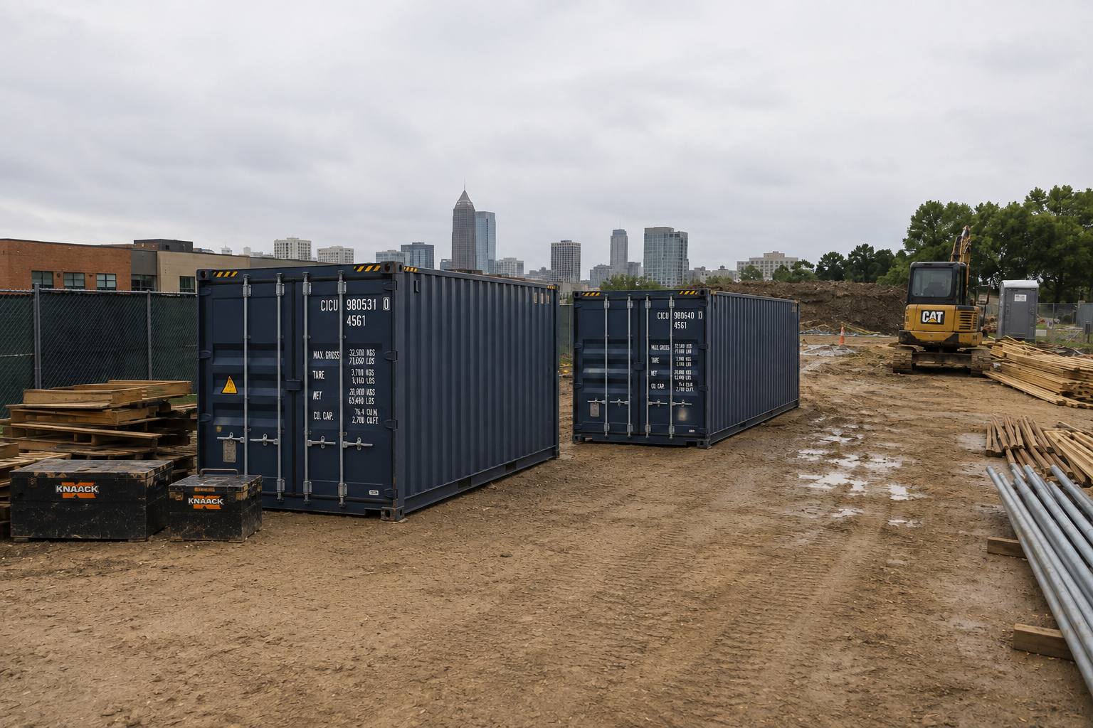 Two 40ft wind and watertight shipping containers positioned on a Colorado Springs construction site for secure tool and material storage